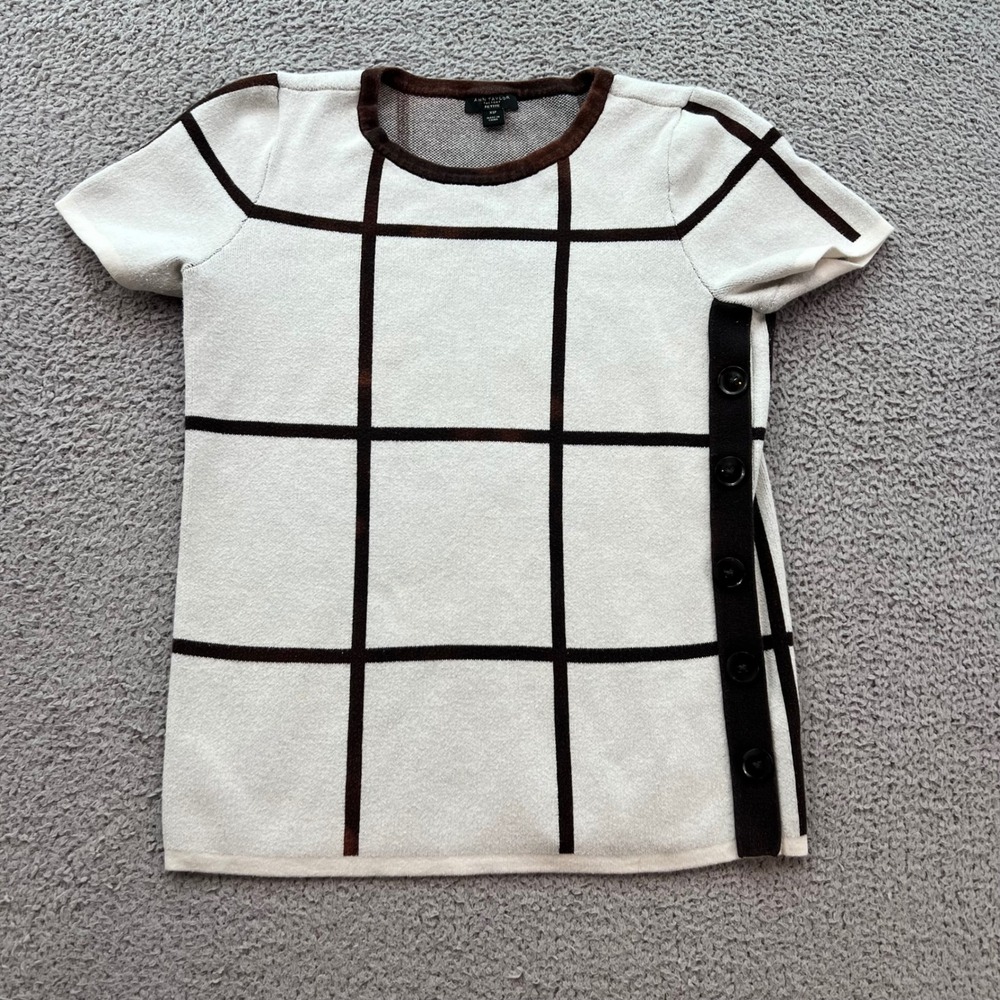 Ann Taylor Factory Petite XSP White Brown Windowpane Grid Short Sleeve Sweater